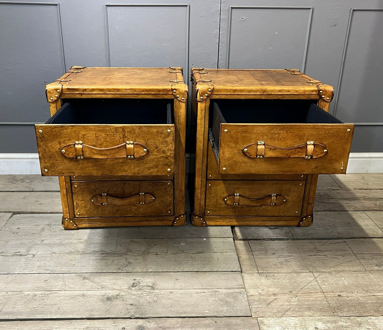 Luxury Hand Made Hand Dyed English Tan Leather Occasional End Tables Bedroom Furniture Draws Chests Home Decor