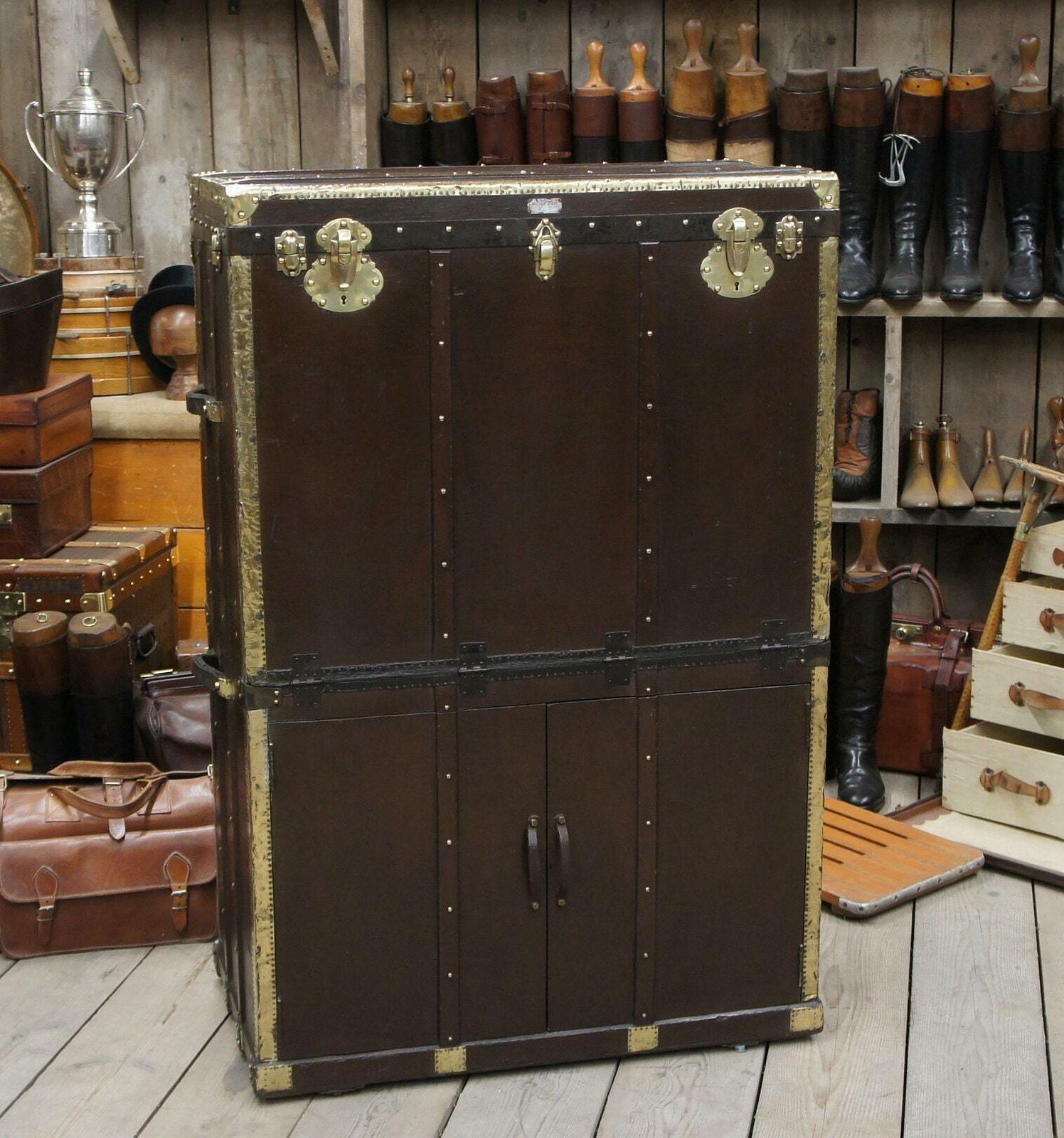 1920s Large Antique Garment Gown Trunk Brass Bound Reception Furniture photo for sale