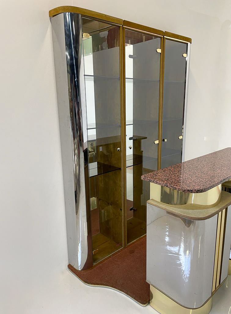 Mid Century Modern Mirror Suede And Metal Bar With Red Marble Top, Italy, 1970s photo Furniture