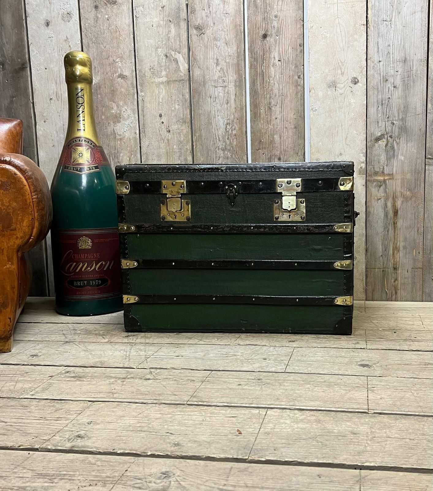 Antique Green French Steamer Trunk Bed End Blanket Box Coffee Table Home Decor photo vinterior