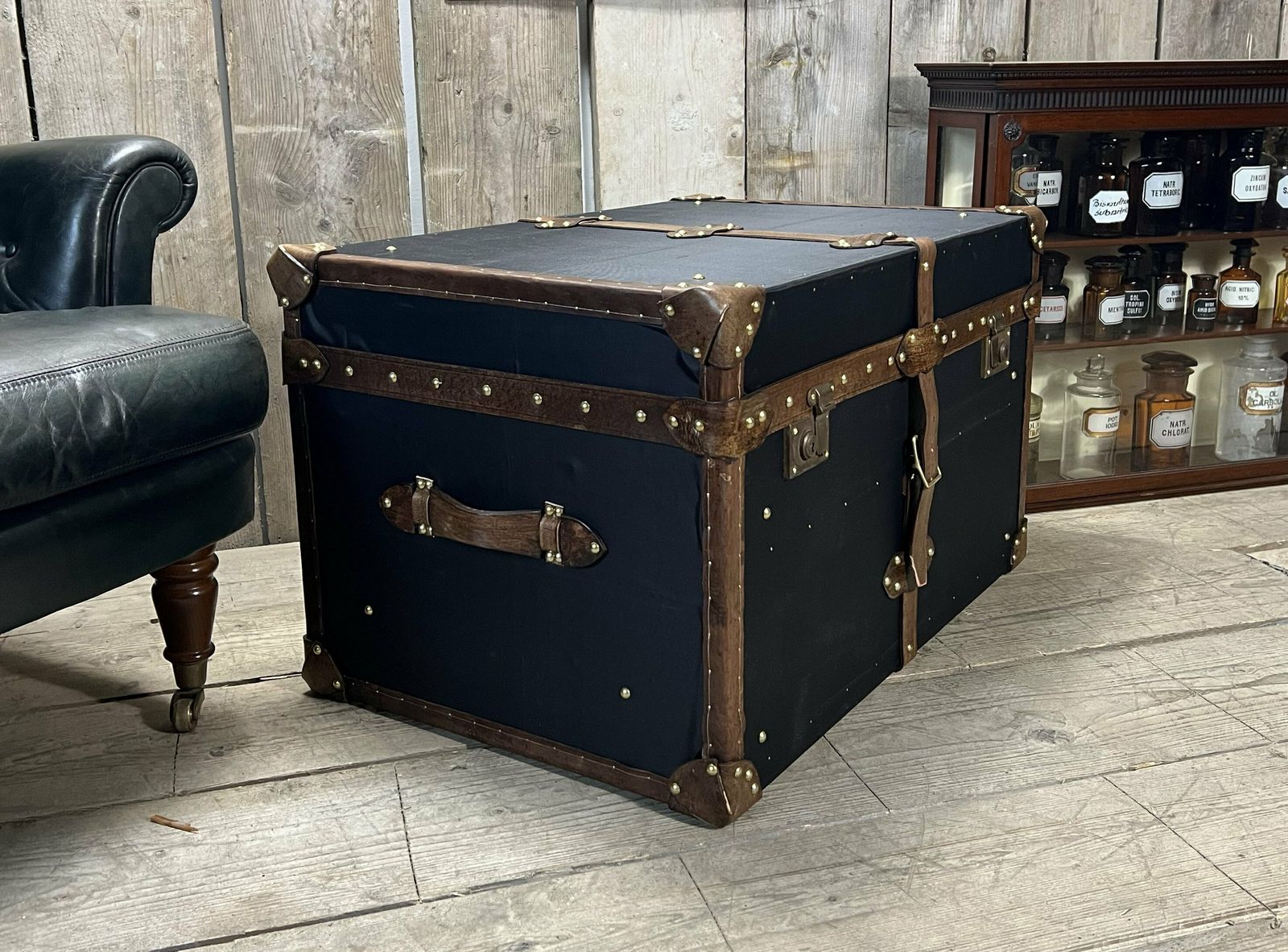 Black Millerain & Leather Trimmed English Handmade Coffee Table Trunk Storage Interior Design Luggage