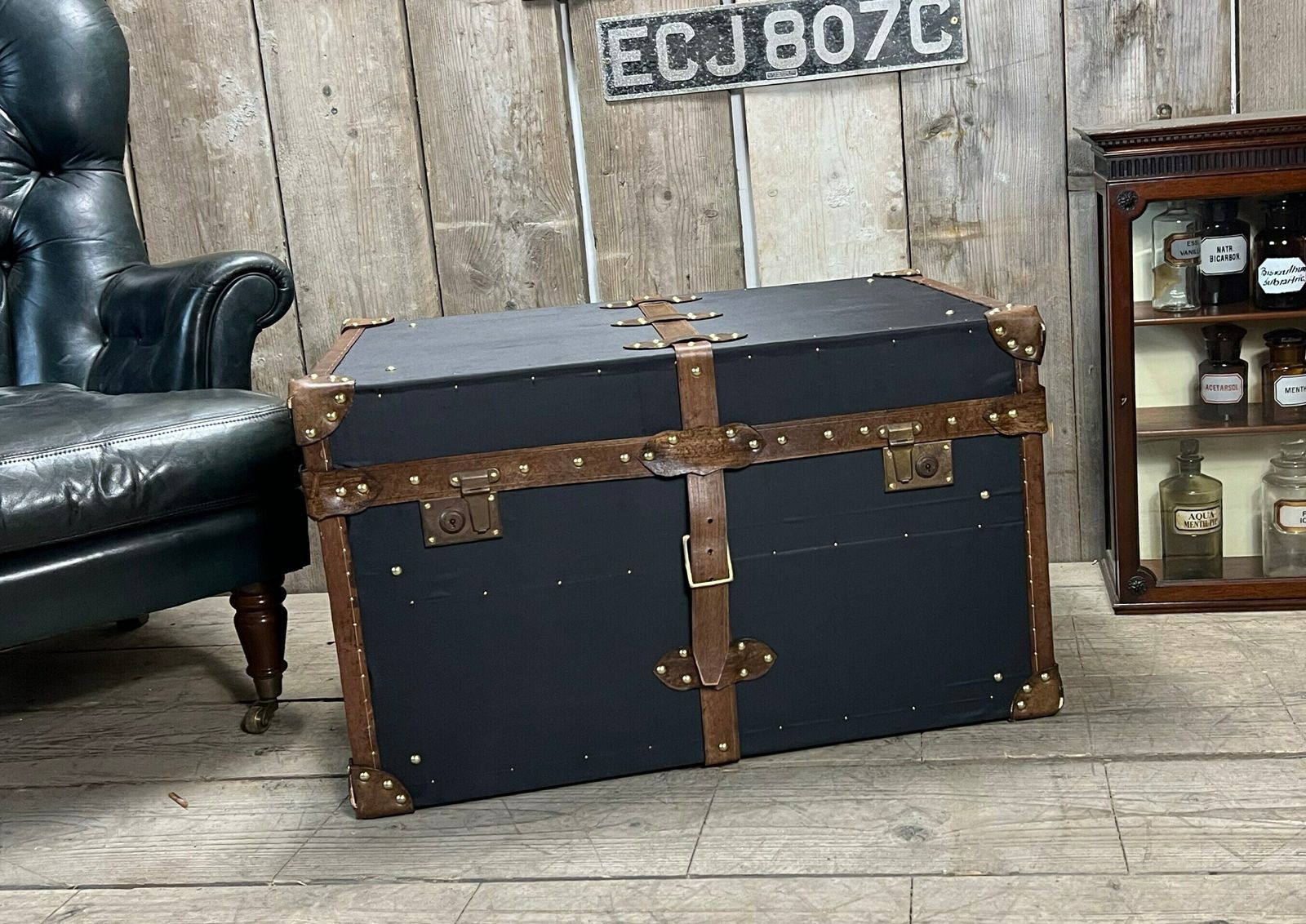 Black Millerain & Leather Trimmed English Handmade Coffee Table Trunk Storage Interior Design Luggage photo furniture