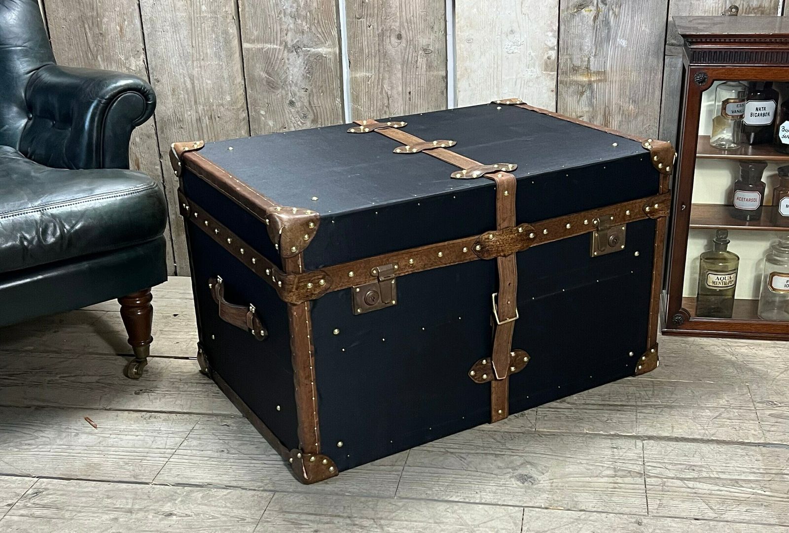 Black Millerain & Leather Trimmed English Handmade Coffee Table Trunk Storage Interior Design Luggage photo for sale