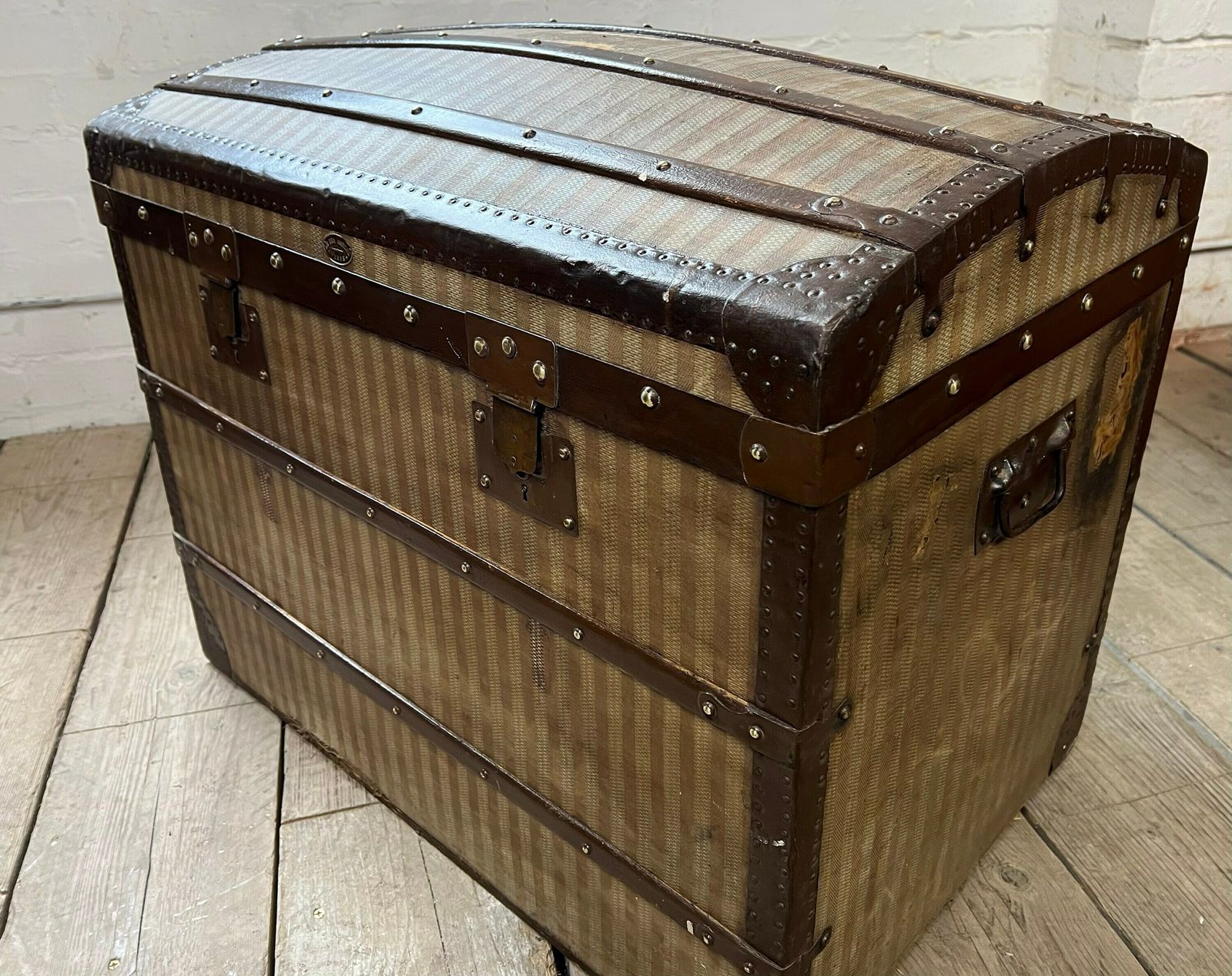 photo for sale Antique Woven Fabric Steamer Trunk, Travel Chest , Room Decor , Home Interiors