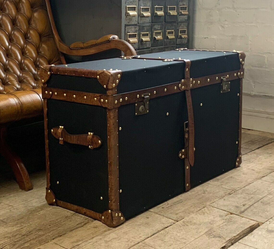 English Black Millerain Canvas & Tan Leather Coffee Table Trunk photo furniture