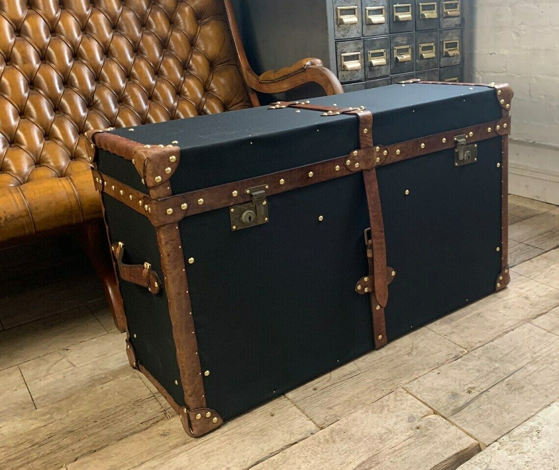 English Black Millerain Canvas & Tan Leather Coffee Table Trunk photo for sale