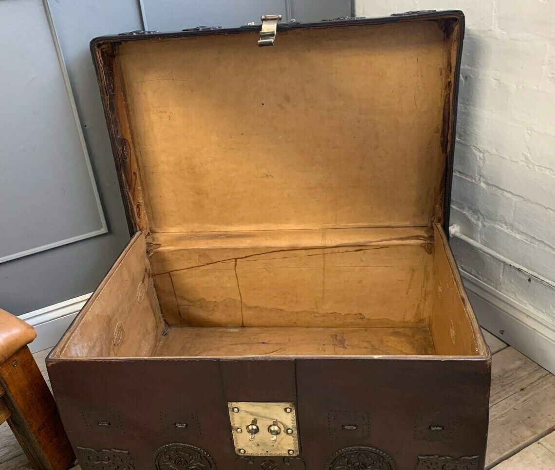 Antique Oriental Red Burgundy Thick Leather Travel Trunk Home Interiors photo 689.0