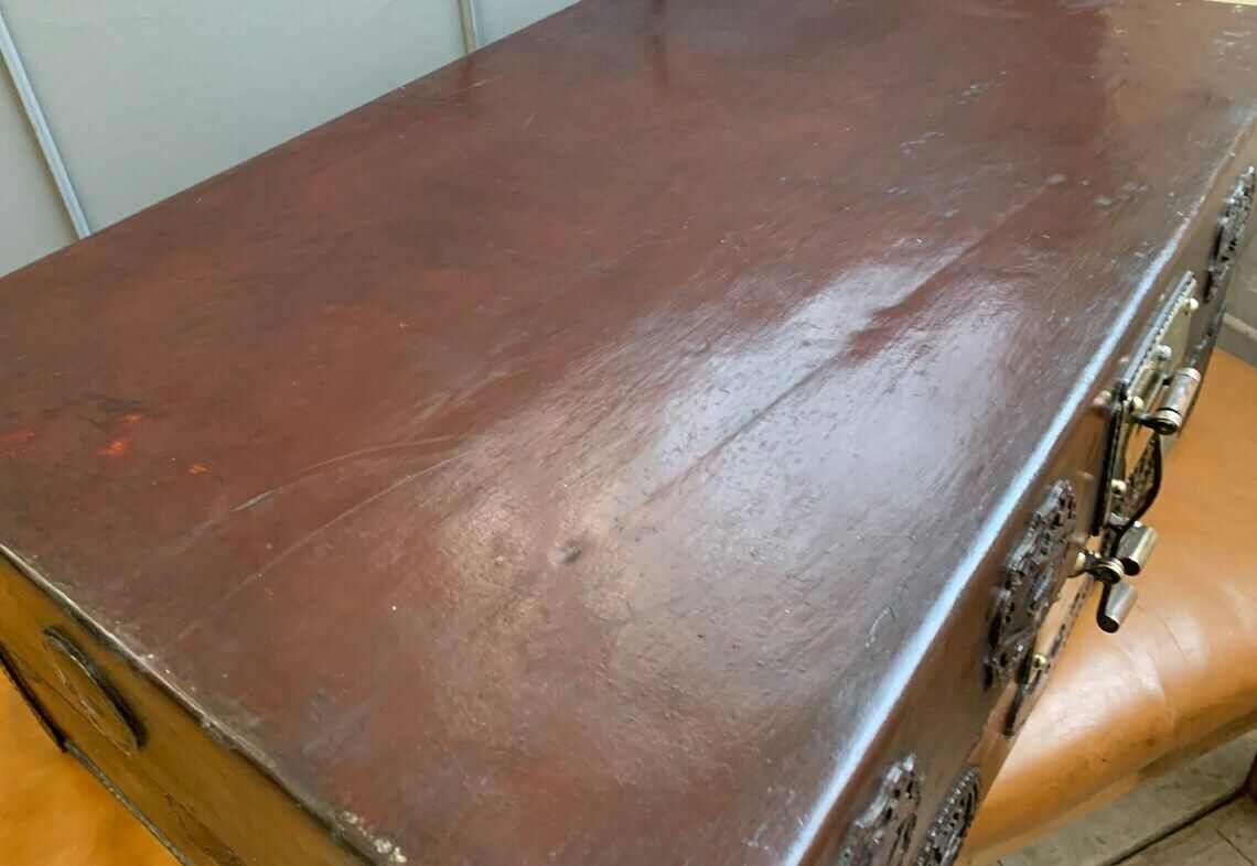 Antique Oriental Red Burgundy Thick Leather Travel Trunk Home Interiors photo buy