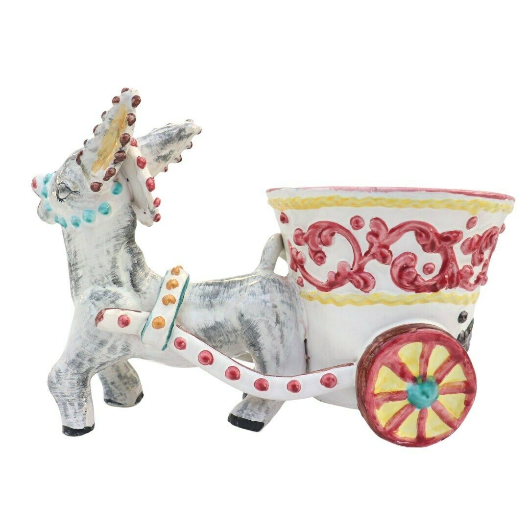 Large Mid Century Italian Pottery Donkey And Cart Planter By Fratelli Fanciullacci, Retro Italian Pottery Planter photo vinterior