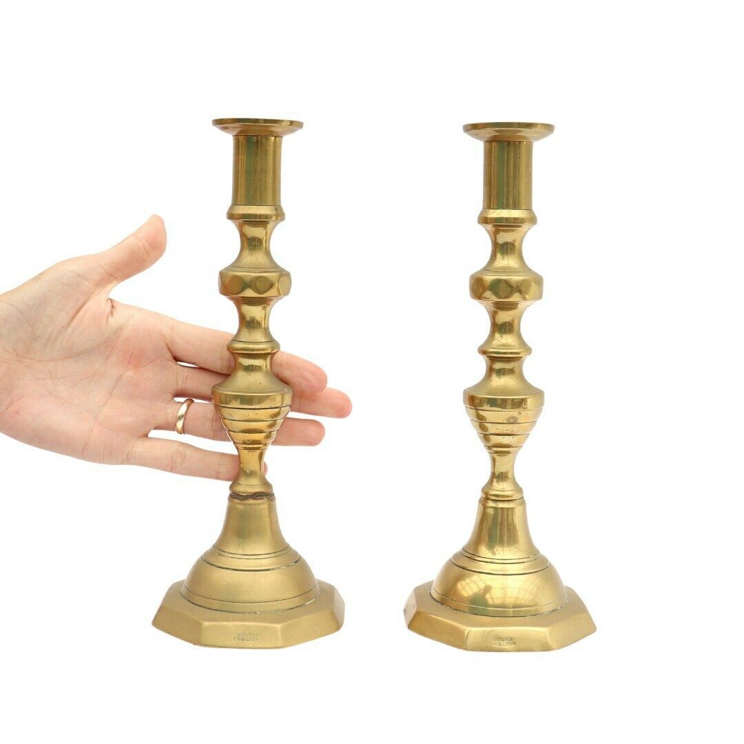 Large Victorian Brass Candle Holder Octogonal Base   Made In England . Antique Candleholders .