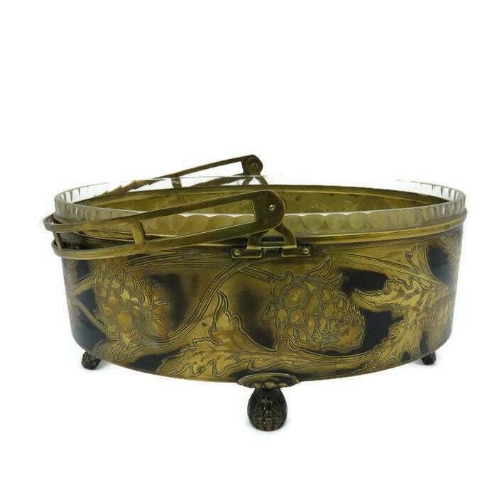 Antique Brass And Cut Glass Bridal Basket  Centrepiece With Engraved Artichokes.