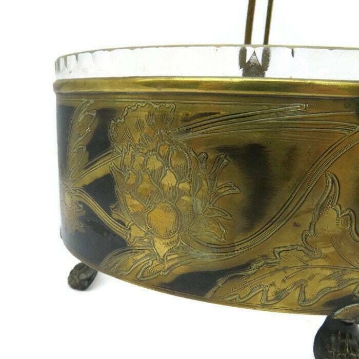 Antique Brass And Cut Glass Bridal Basket  Centrepiece With Engraved Artichokes. photo vinterior