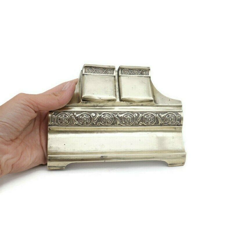 Antique Aesthetic Movement Brass Inkwell Double Ink Pot . photo 90.0