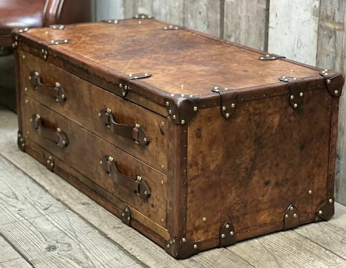 photo for sale Leather Console 2 Draw English Handmade Coffee Table Room Decor Hand Dyed Bridle Leather Luxury Homes Inspired Travel