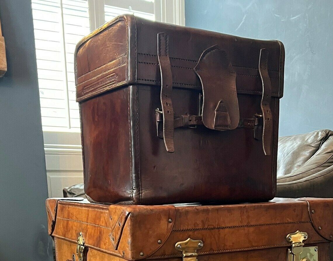 Victorian Hatbox Trunk By John Pound London Antique Travel Case Solid Leather photo furniture