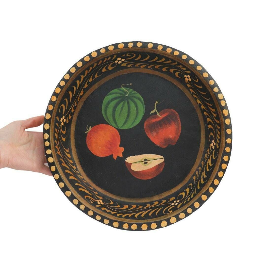 Vintage Indian Toleware Bowl, Hand Painted Indian Bowl, Large Boho Wooden Bowl photo for sale