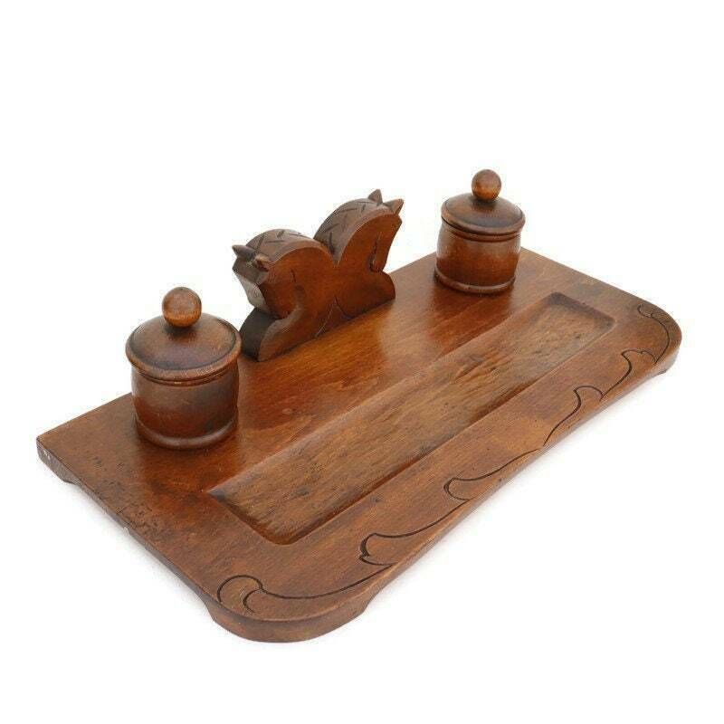 Antique Art Deco Wooden Carved Horses Inkwell Office Decor Art Deco Gift For Office