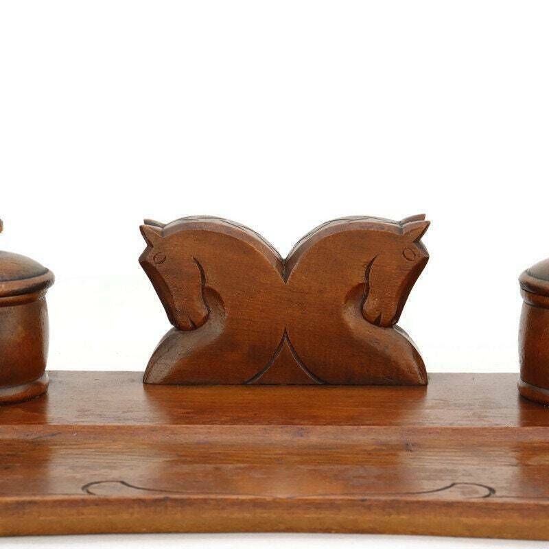 Antique Art Deco Wooden Carved Horses Inkwell Office Decor Art Deco Gift For Office photo 156.0