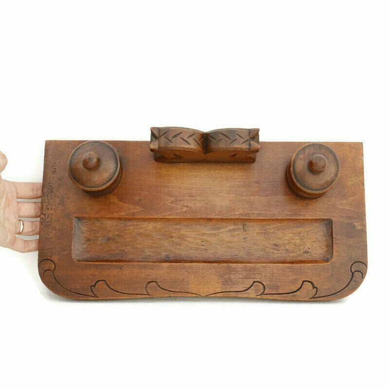 Antique Art Deco Wooden Carved Horses Inkwell Office Decor Art Deco Gift For Office photo vinterior