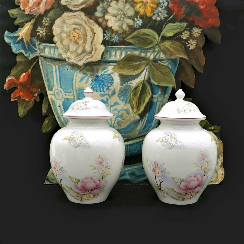 Large James Kent Old Foley Ceramic Ginger Jars Pair With Fenix Birds And Floral Pattern , 50's Lidded Vases Jars Pair 10.5'' High photo furniture