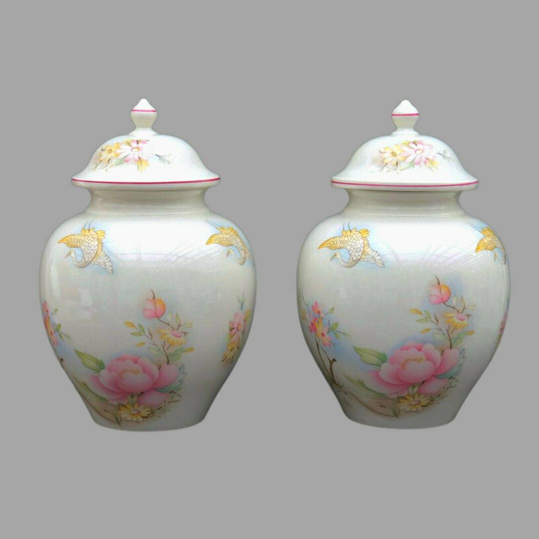 Large James Kent Old Foley Ceramic Ginger Jars Pair With Fenix Birds And Floral Pattern , 50's Lidded Vases Jars Pair 10.5'' High photo Home Decor