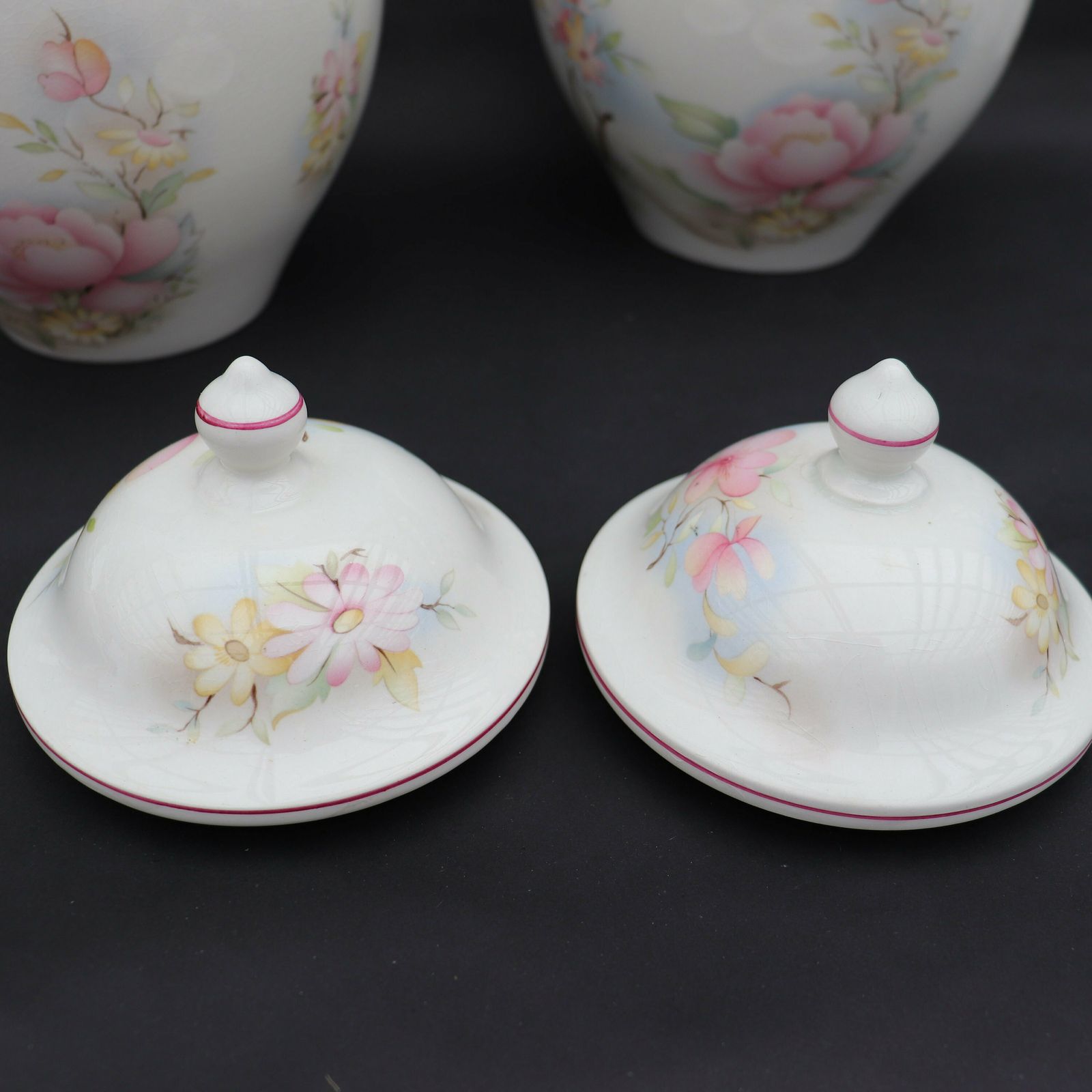 Large James Kent Old Foley Ceramic Ginger Jars Pair With Fenix Birds And Floral Pattern , 50's Lidded Vases Jars Pair 10.5'' High photo vinterior
