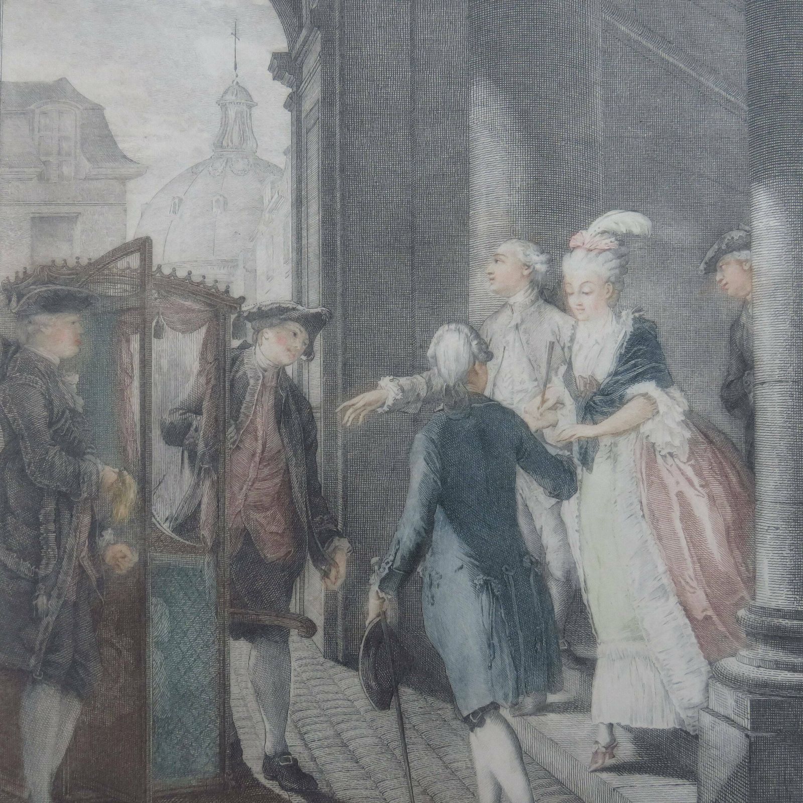 Antique Coloured Etching After Moreau Le Jeune Title Les Precautions From Le Monument De Costume Physique Et Moral photo for sale