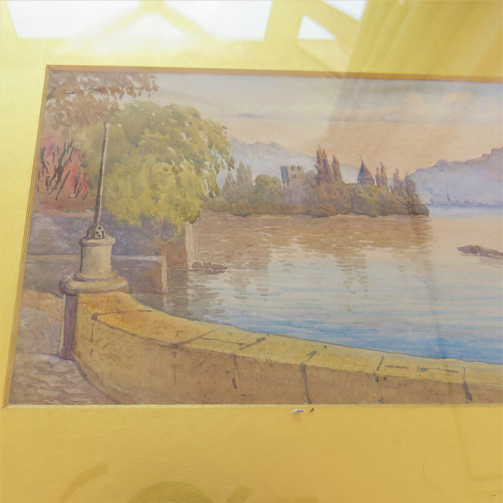Antique Golden Framed Gouache Lake Landscape C Late 1800's. photo 68.0