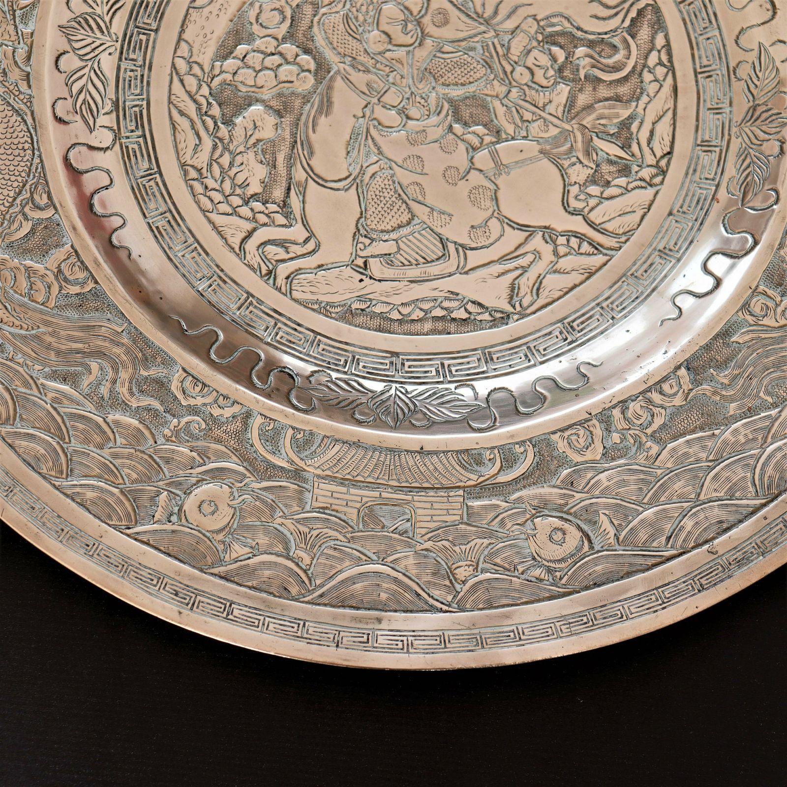 Antique Chinese Bronze Wall Plaque With Dragon Chasing Pearl And Warrior On Horse ,Signed. photo Art