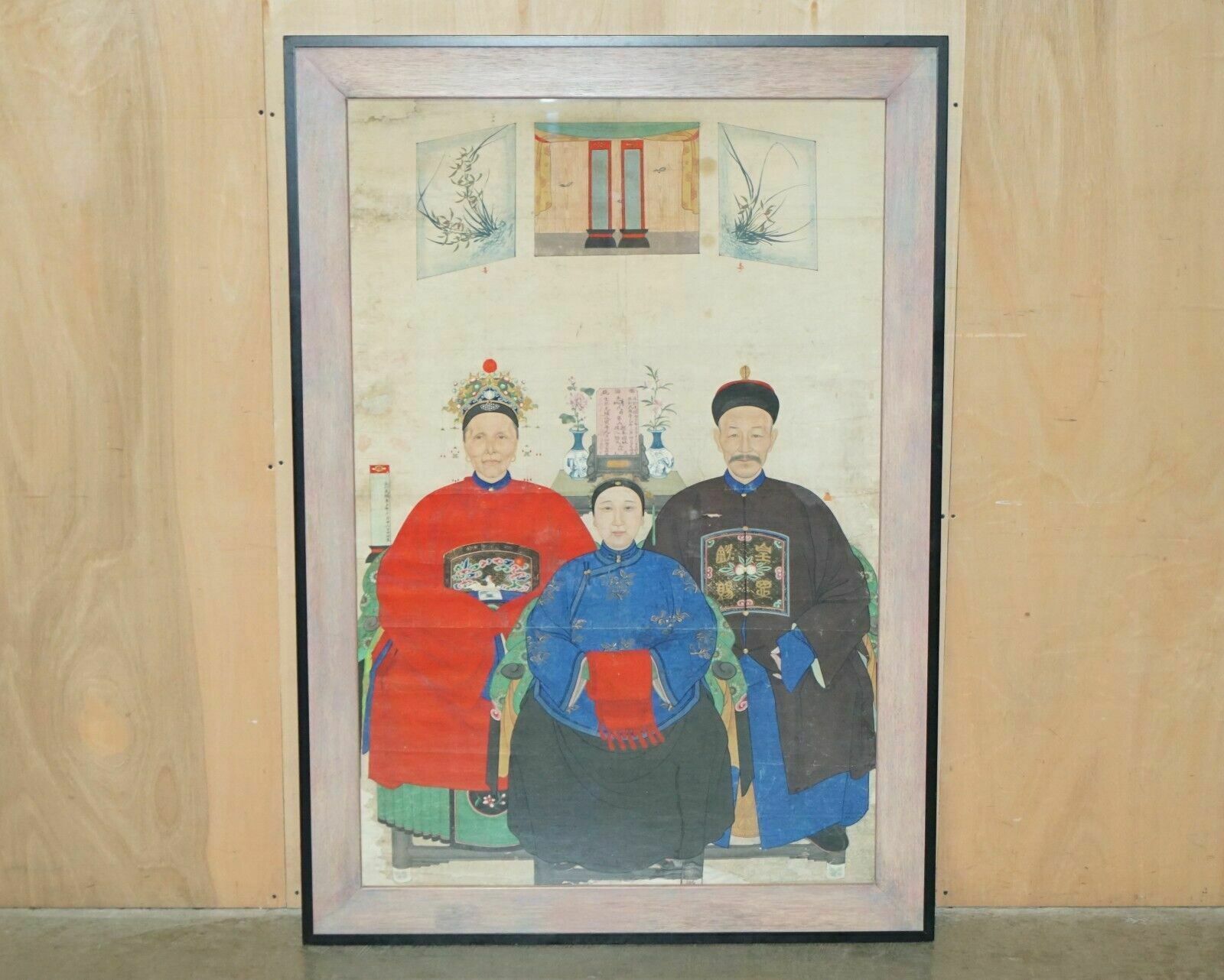 Extra Large 162x113cm Antique Chinese Ancestral Portrait With Lovely Black Frame