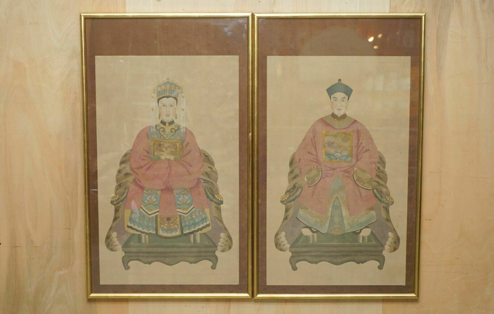Large Pair Of 133x78cm Antique Chinese Ancestral Portraits With Gold Borders