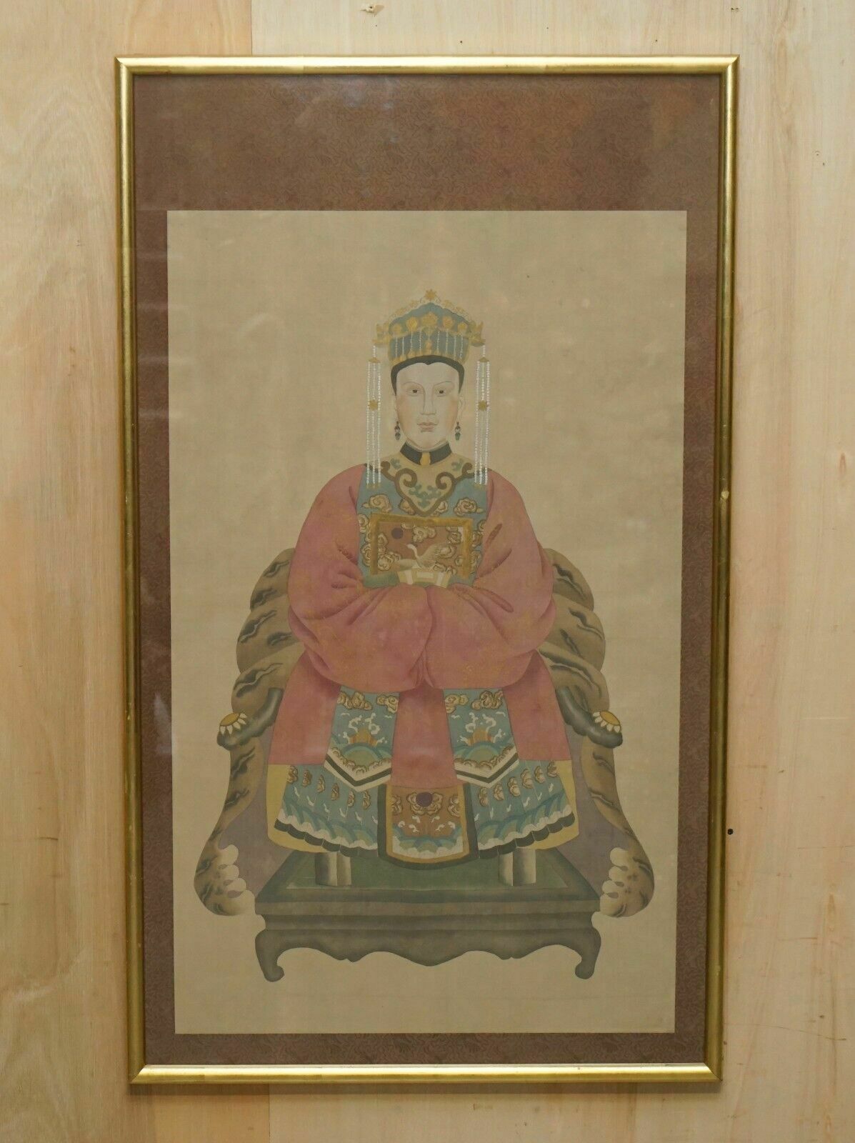 Large Pair Of 133x78cm Antique Chinese Ancestral Portraits With Gold Borders photo furniture