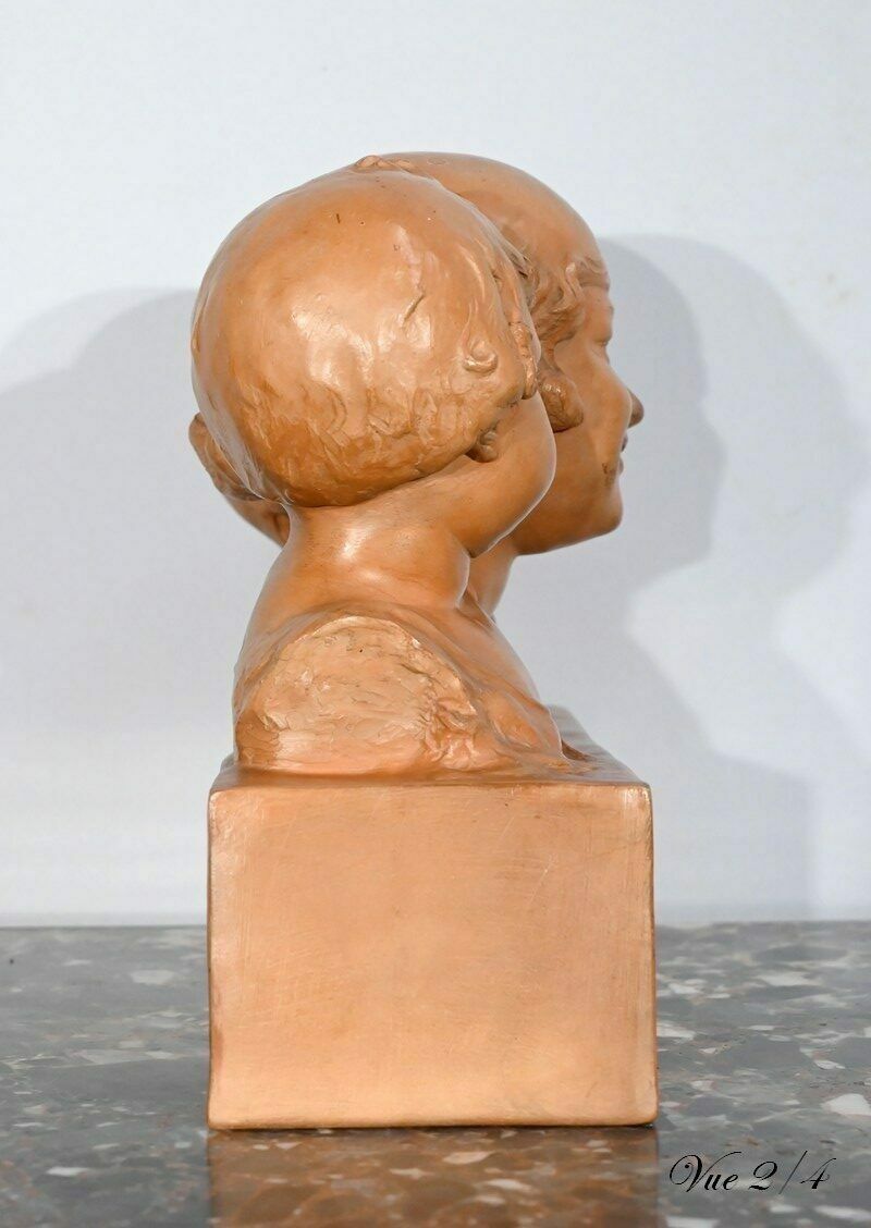 photo for sale Group In Patinated Terracotta, “Mother And Her Children”, Signed P. Dumont, Art Deco – 1920