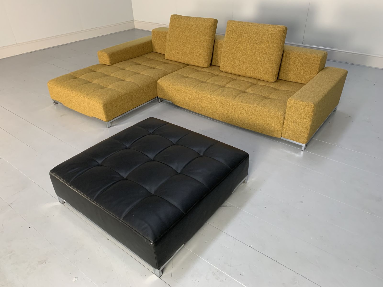 Zanotta “Alfa 1326” L  Shape Sofa & Ottoman – In Mustard Yellow Linen & Black Leather