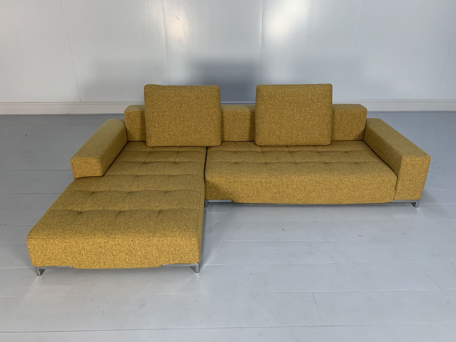Zanotta “Alfa 1326” L  Shape Sofa & Ottoman – In Mustard Yellow Linen & Black Leather photo buy