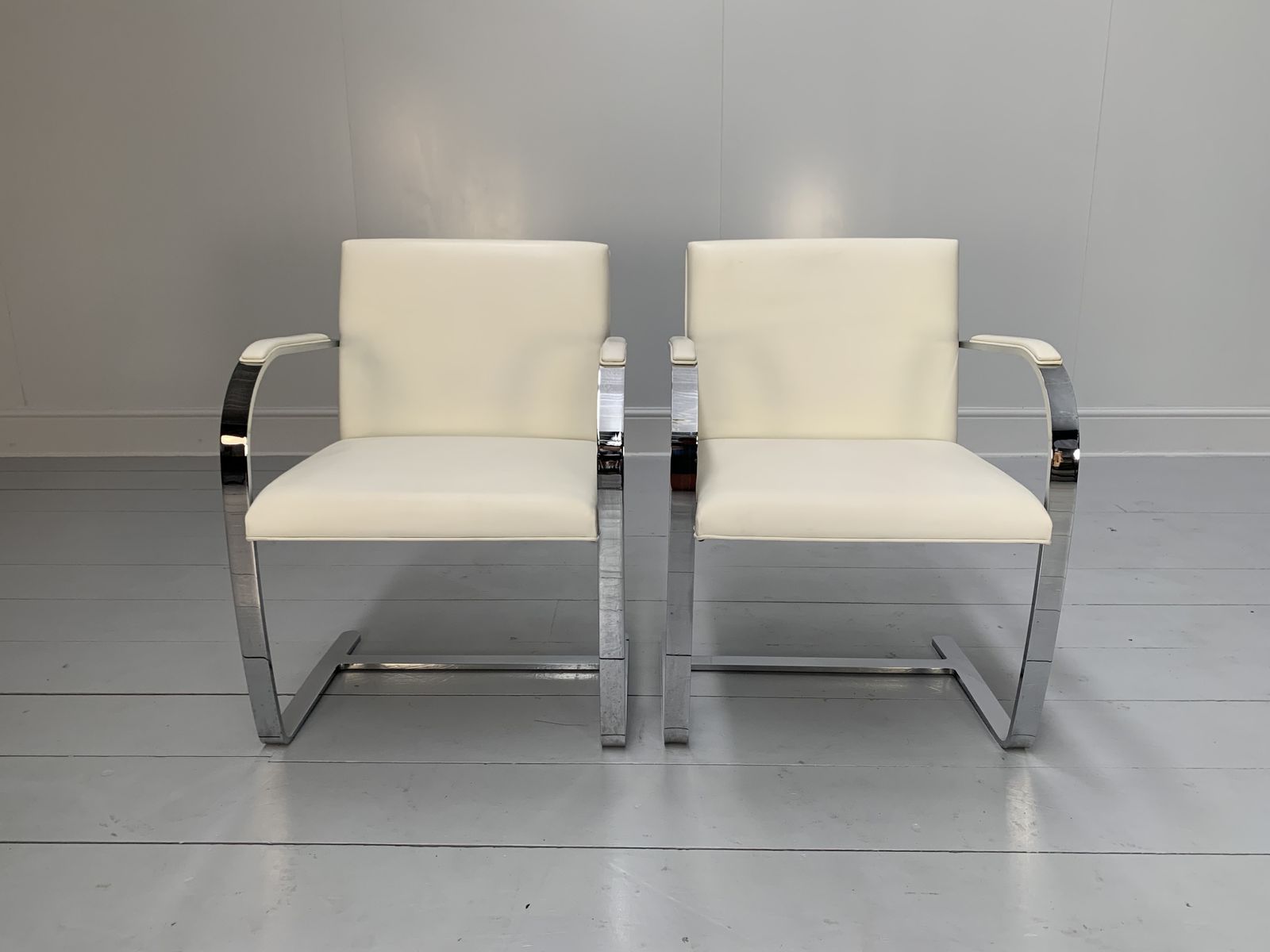 Pair Of Knoll Studio “Brno Flat Bar” Armchairs – In Chrome & White Leather photo for sale