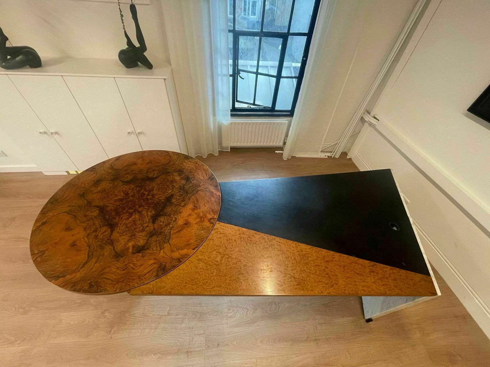 Postmodern Carrara Marble & Burl Wood Writing Desk Italian 1980s photo furniture