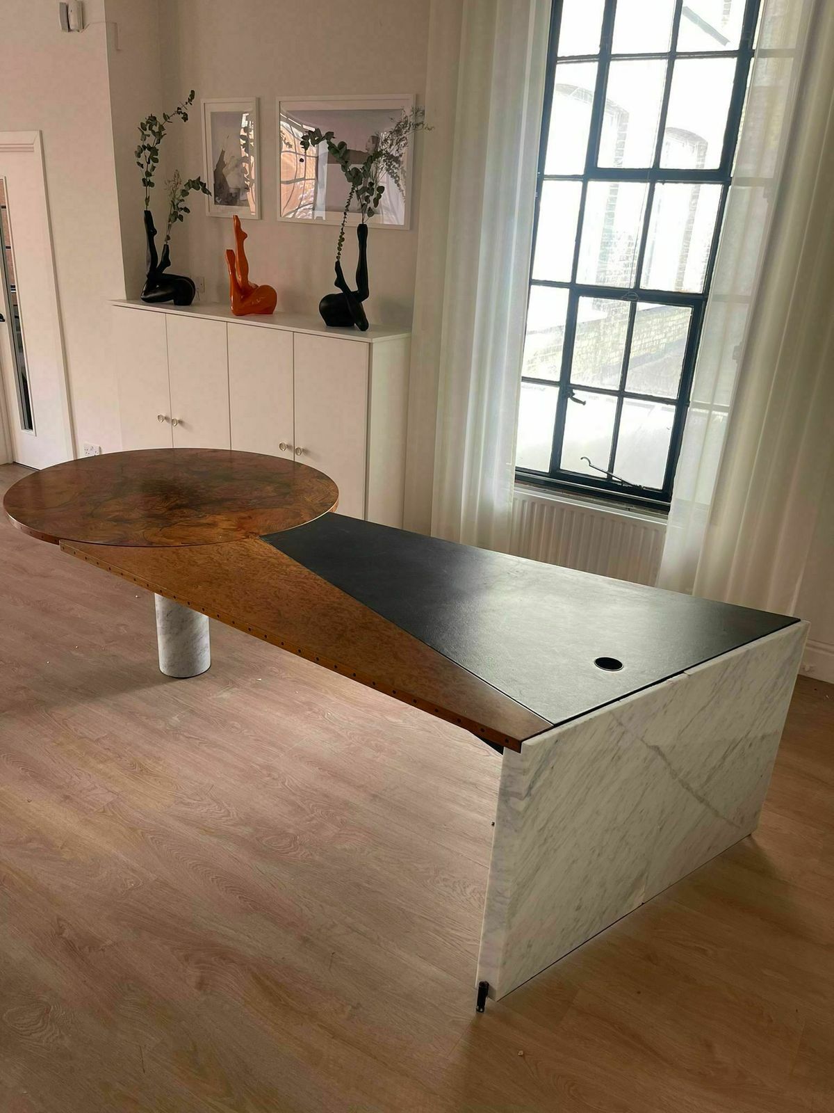 Postmodern Carrara Marble & Burl Wood Writing Desk Italian 1980s photo 3000.0