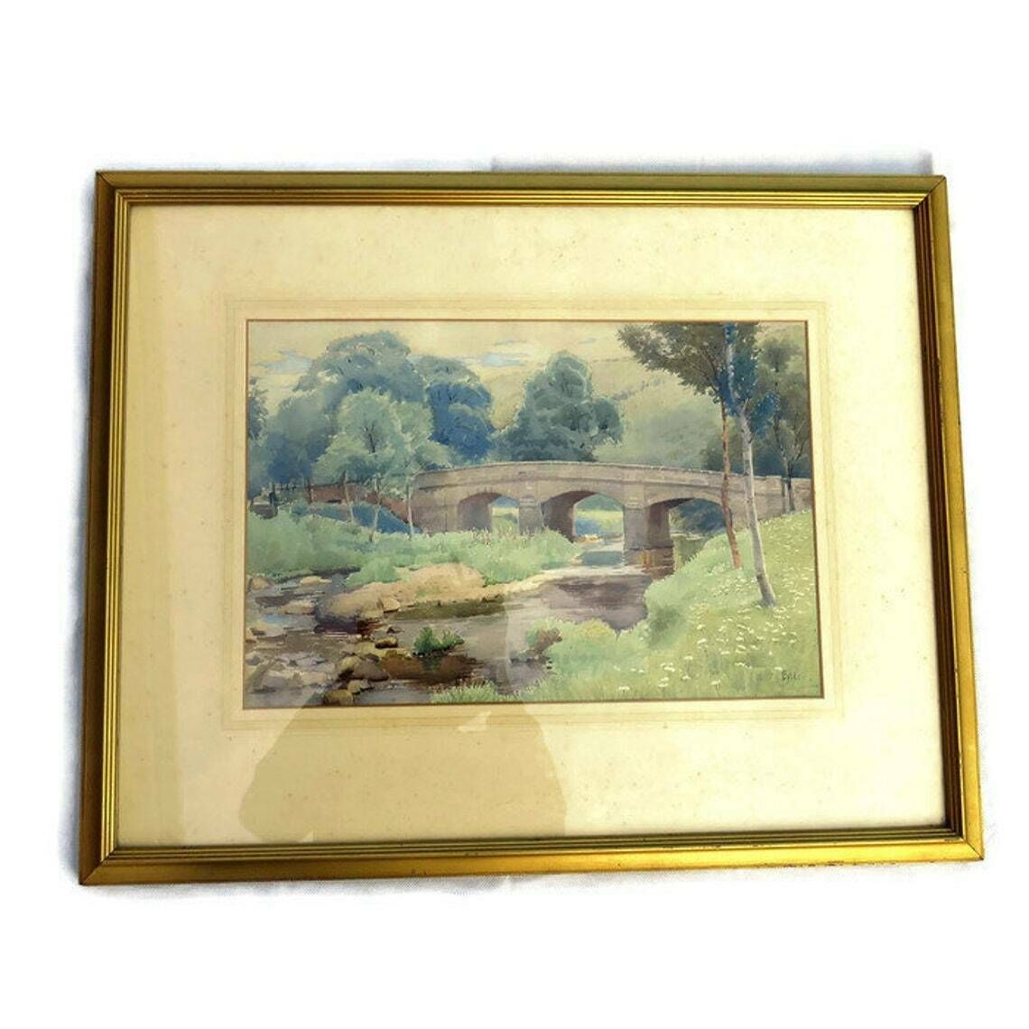 Framed Original Lanscape Bridge River Watercolour Painting Signed Cooke C 1920's