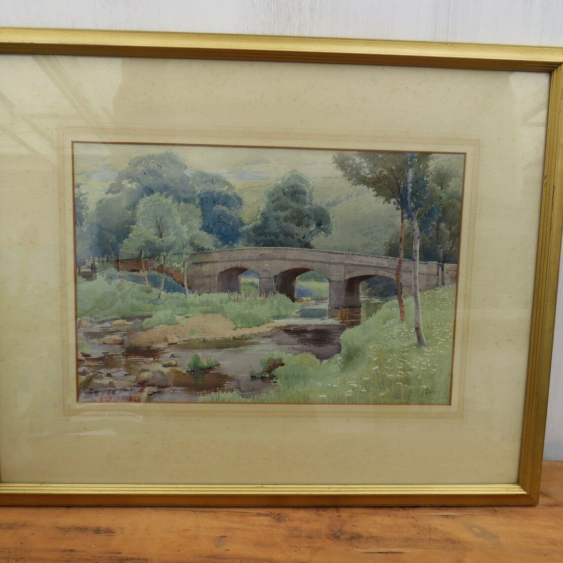 Framed Original Lanscape Bridge River Watercolour Painting Signed Cooke C 1920's photo for sale