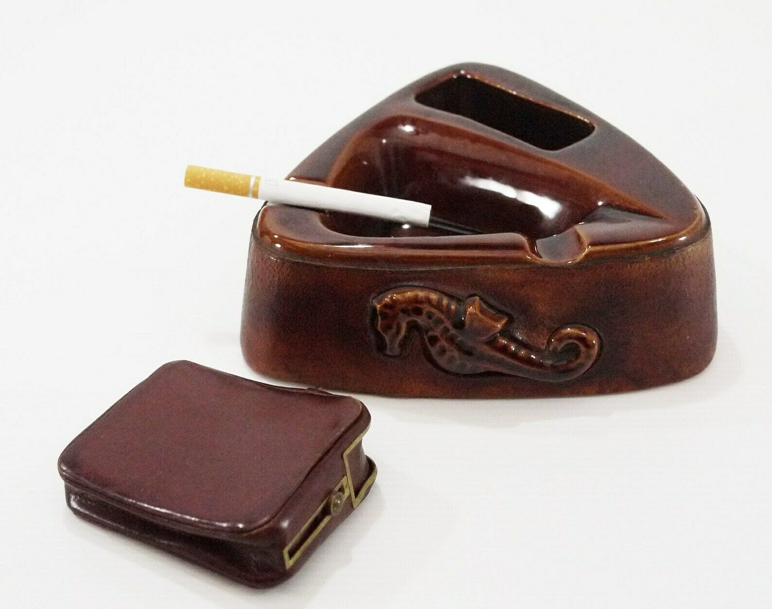 Antique French Ceramic Ashtray With Leather Case
