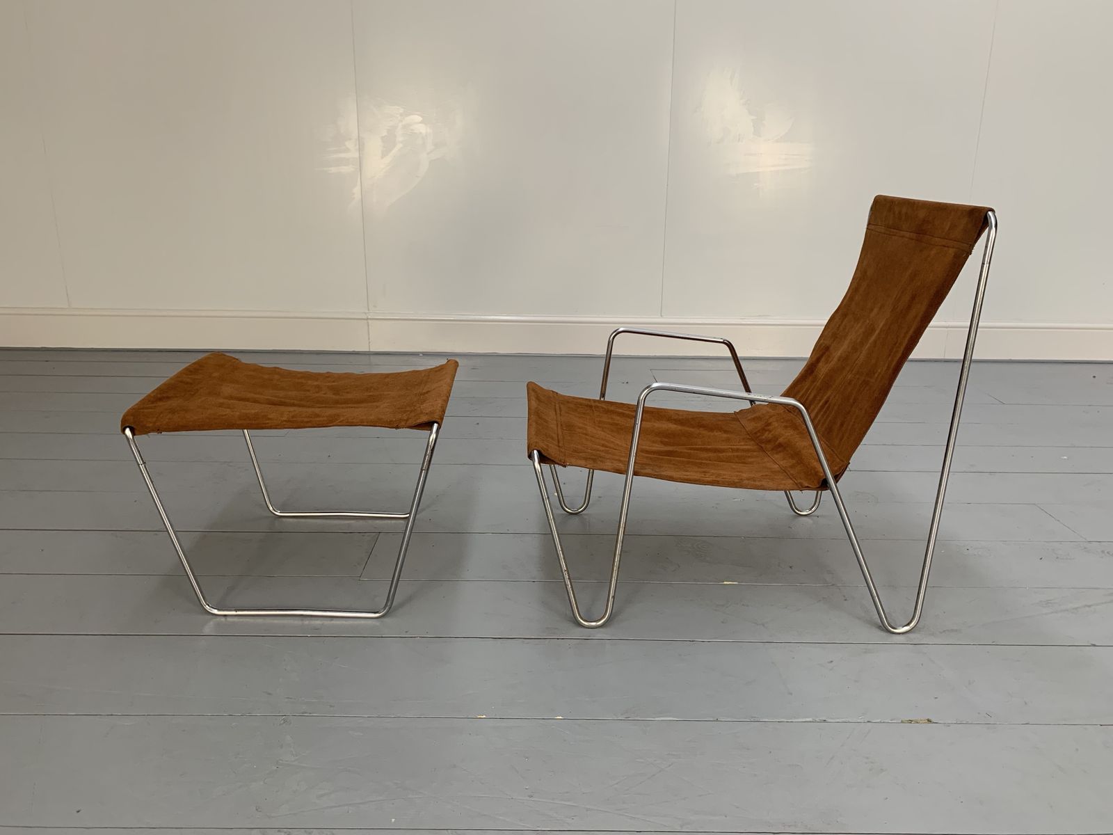 Rare Fritz Hansen “Bachelor” Lounge Chair & Footstool – In Suede Leather & Chrome photo buy