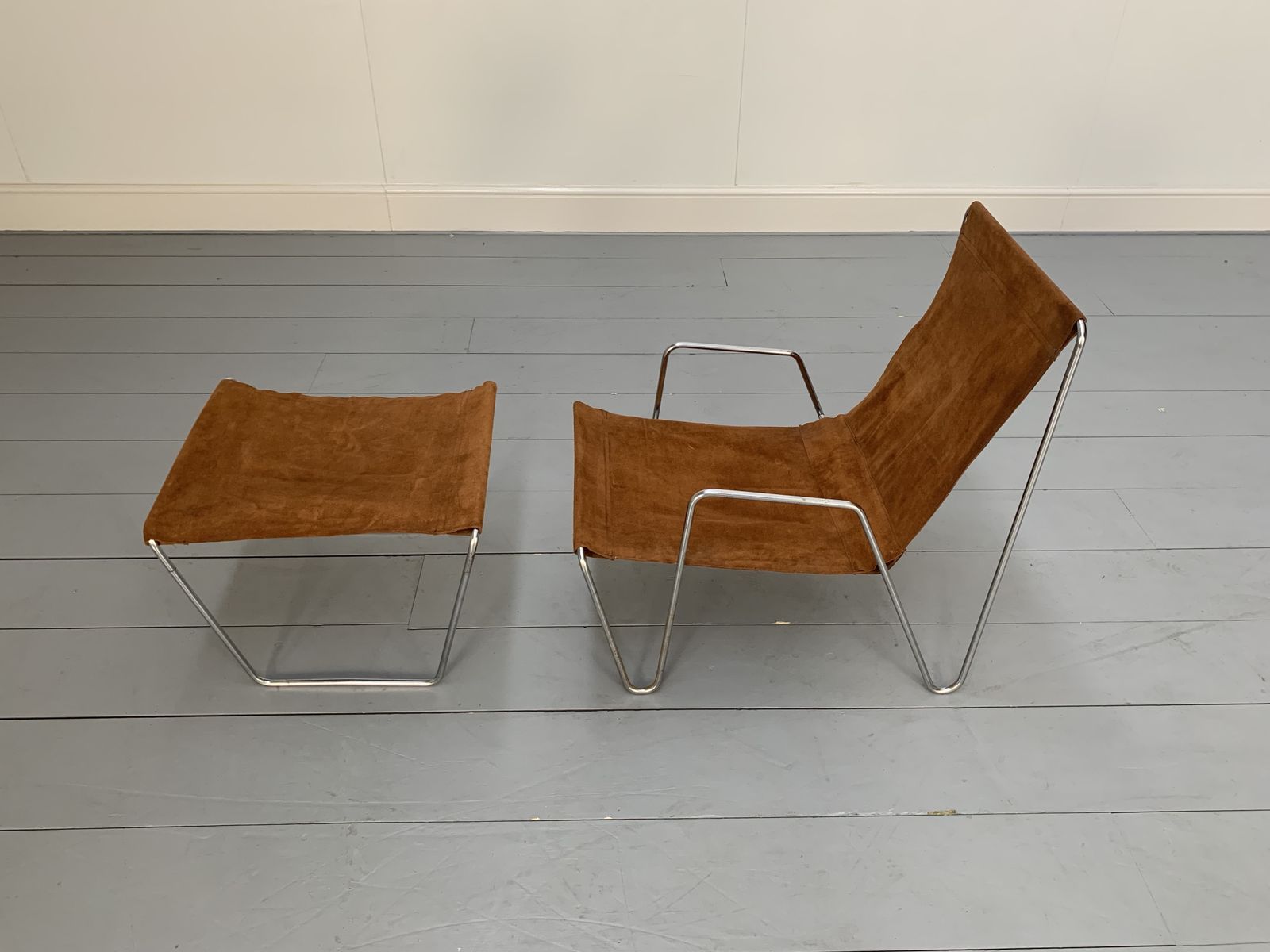photo for sale Rare Fritz Hansen “Bachelor” Lounge Chair & Footstool – In Suede Leather & Chrome