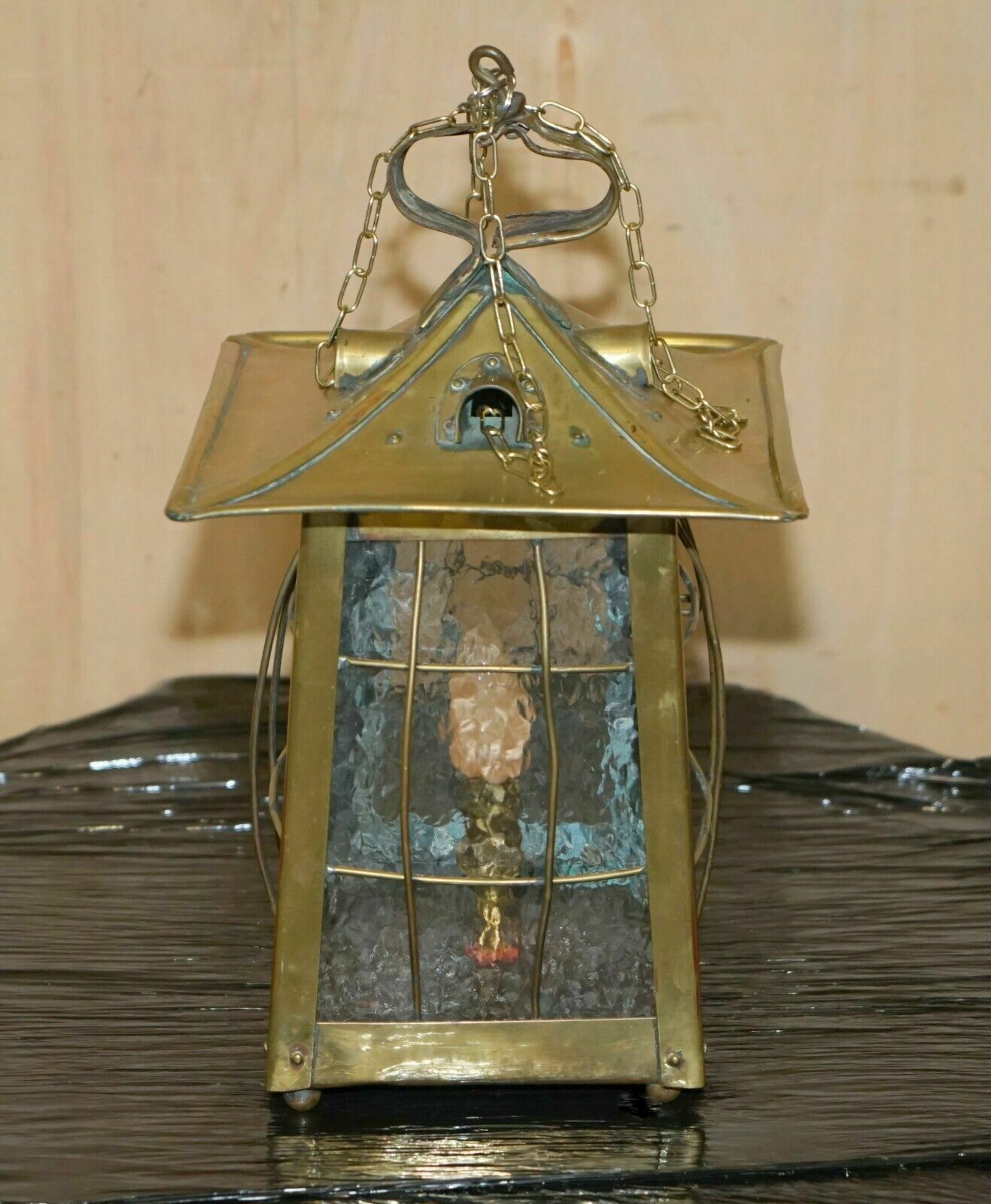 Antique Art Neouve Brass And Frosted Glass Hanging Lantern Or Table Lamp photo for sale