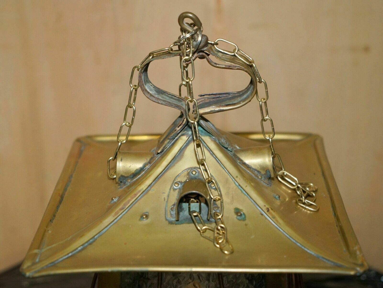 Antique Art Neouve Brass And Frosted Glass Hanging Lantern Or Table Lamp photo Lighting