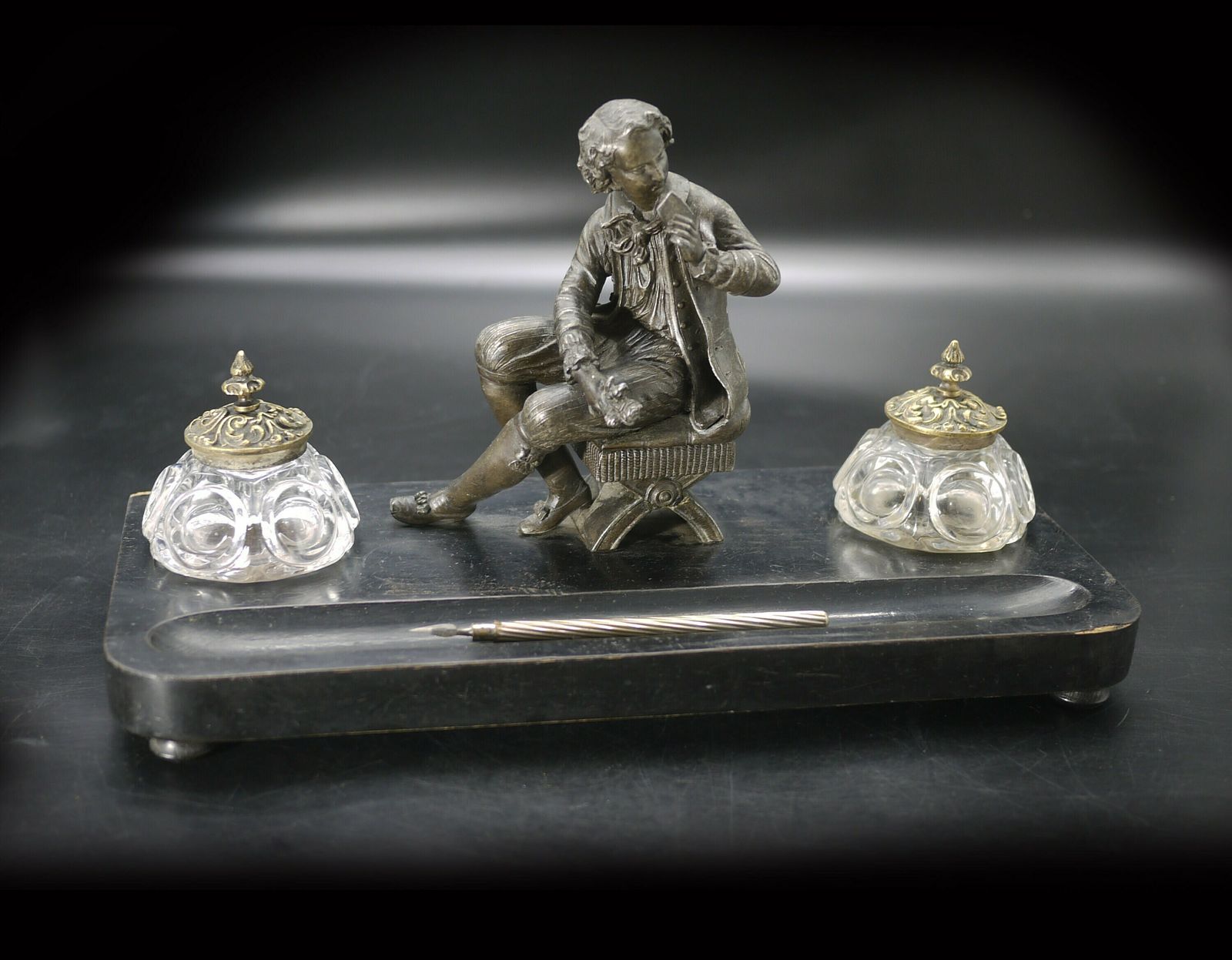 Antique French Double Figural Inkwell On Wood Base photo furniture