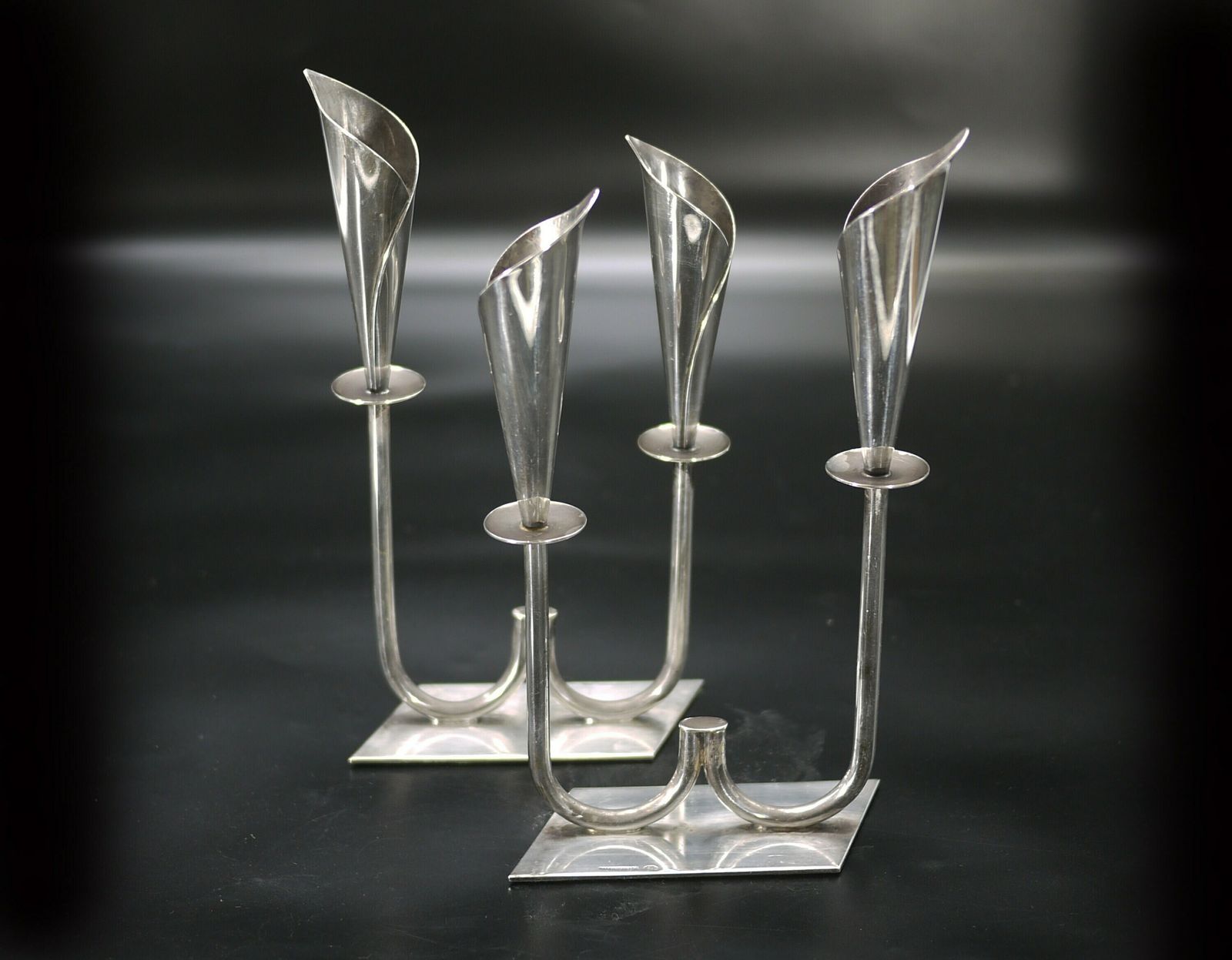 Pair Of Hans Jensen Calla Lily Silver Plated Two Light Candlesticks