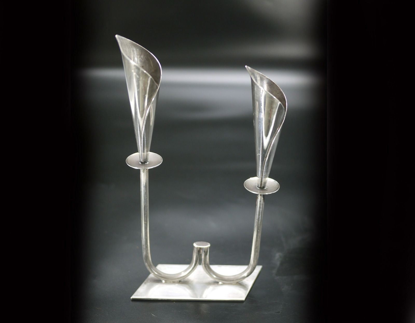 Pair Of Hans Jensen Calla Lily Silver Plated Two Light Candlesticks photo 470.0