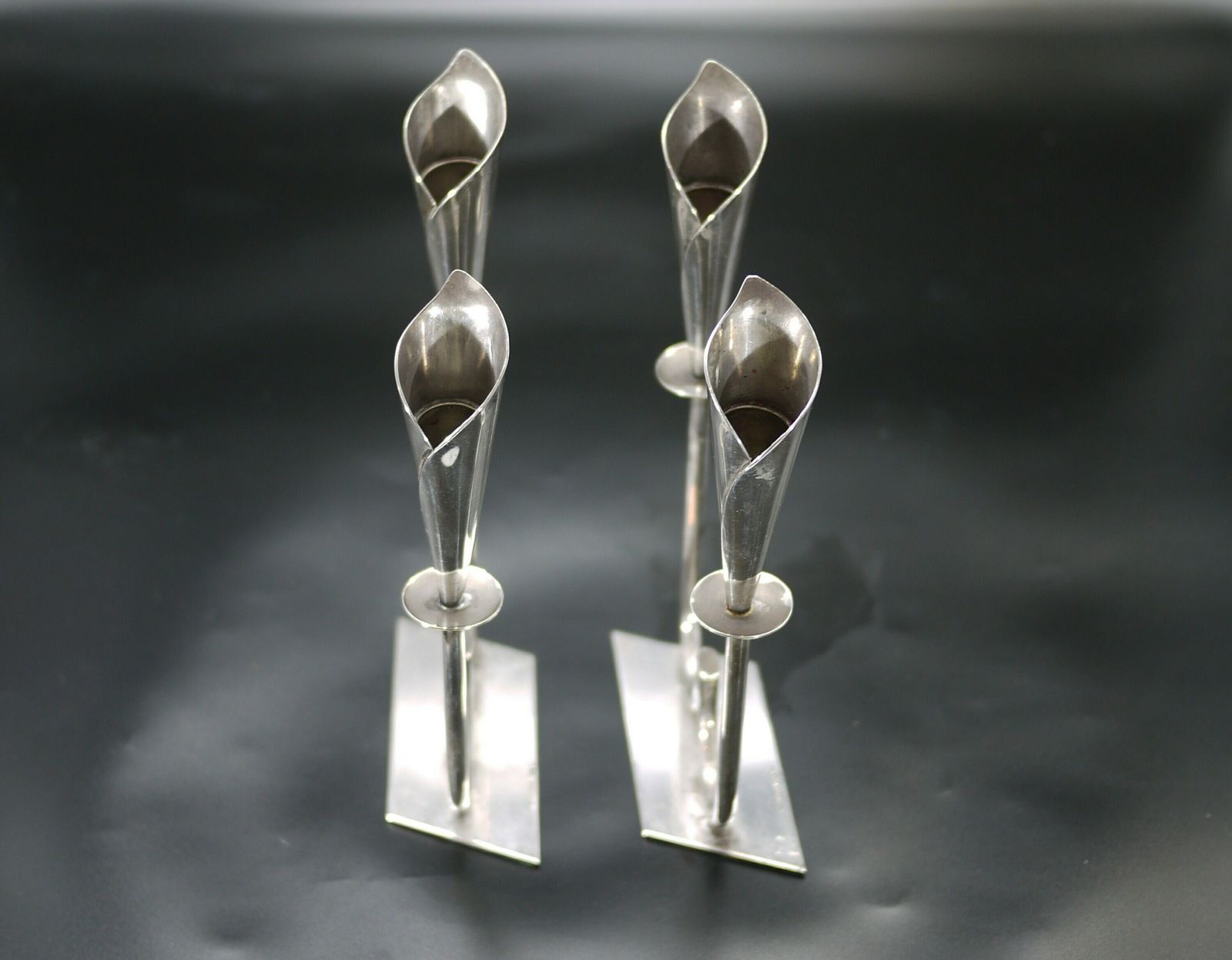 Pair Of Hans Jensen Calla Lily Silver Plated Two Light Candlesticks photo vintage