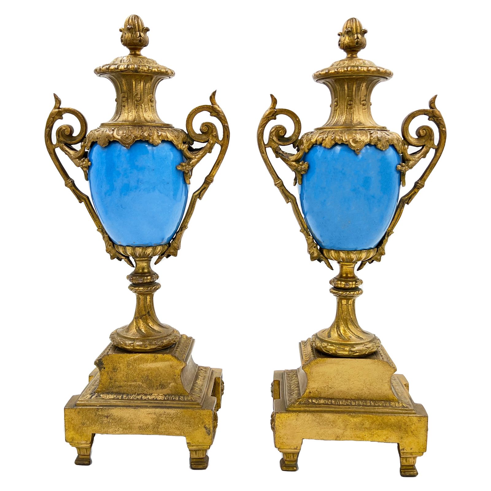 A Pair Of French Sevres Style Porcelain Urns, With Gilt Bronze Mounts, 19th Century photo for sale